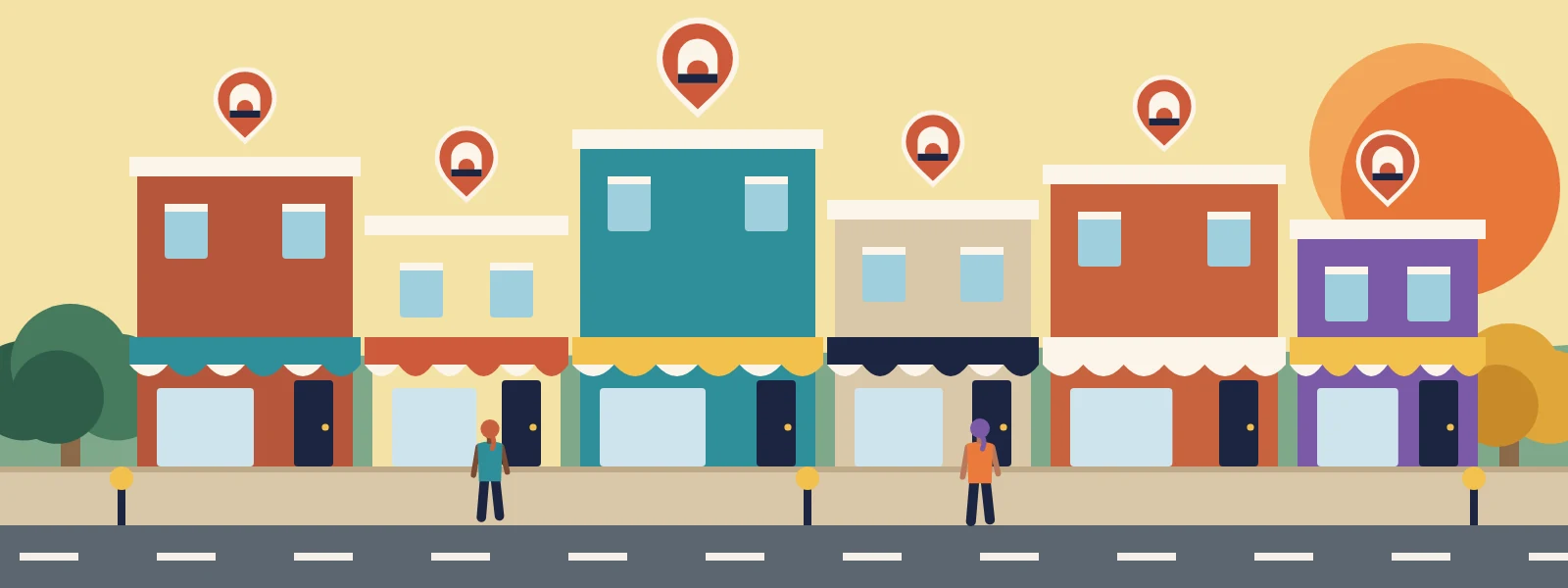 Illustrated main street of chiropractic practices, each marked with a map pin